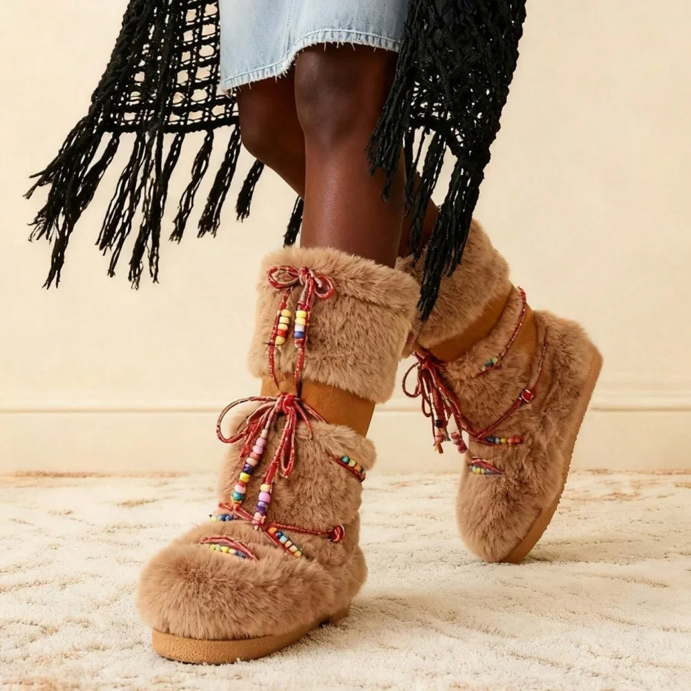 Women Furry Boots Round Toe Flat Slip-on Winter Snow Warm Boots Women Faux Fur Fluffy Warm Boot Fashion Outdoor Mid-Calf Boots Winter Party Flat Shoes