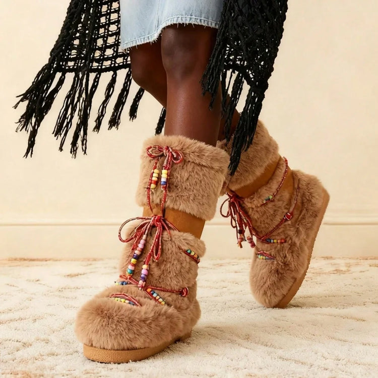 Women Furry Boots Round Toe Flat Slip-on Winter Snow Warm Boots Women Faux Fur Fluffy Warm Boot Fashion Outdoor Mid-Calf Boots Winter Party Flat Shoes