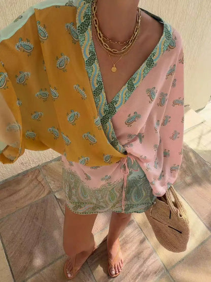 Women's Boho Paisley Color Block Romper Long Sleeve V Neck Tie Waist Beach Vacation Playsuit Shorts