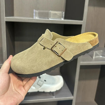 Women Men Suede Leather Clogs Adjustable Buckle Cork Footbed Non-slip Casual Mules Slippers