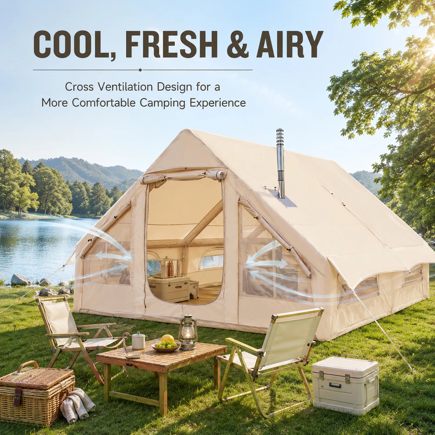 Large Luxury Inflatable Glamping Tent with Manual Hand Pump and Storage Bag, Easy Setup 4-Season Weatherproof Anti-Snow Family Air Tent for Outdoor Camping, Hiking, Backyard Parties and Wilderness Adventures