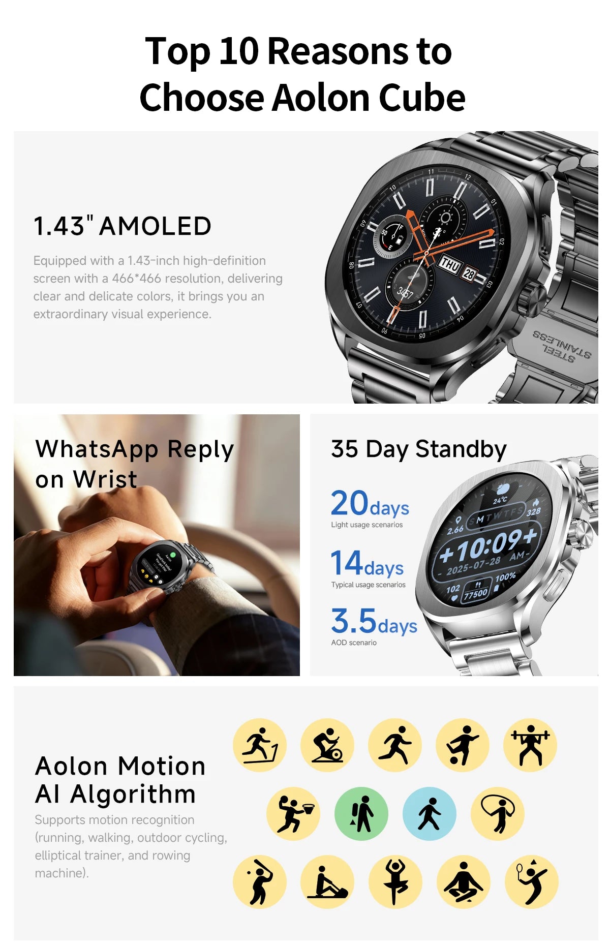 Aolon Cube Smart Watch 1.43" AMOLED Screen Bluetooth WhatsApp Call AGPS 1ATM  Heart Rate Monitor Outdoor Sport Fitness Tracker