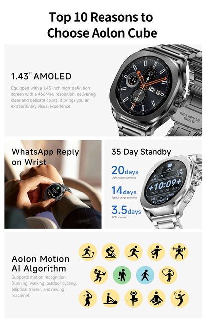 Aolon Cube Smart Watch 1.43" AMOLED Screen Bluetooth WhatsApp Call AGPS 1ATM  Heart Rate Monitor Outdoor Sport Fitness Tracker
