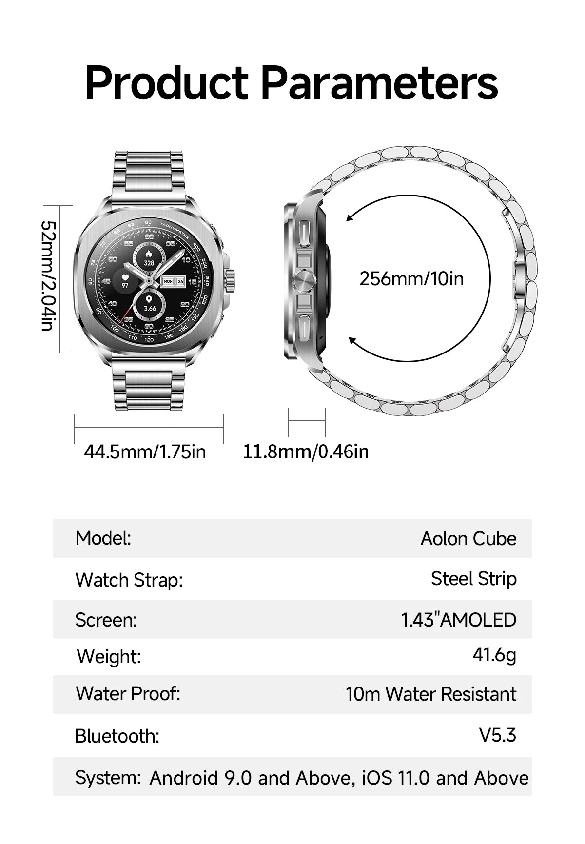 Aolon Cube Smart Watch 1.43" AMOLED Screen Bluetooth WhatsApp Call AGPS 1ATM  Heart Rate Monitor Outdoor Sport Fitness Tracker