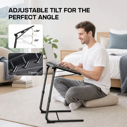 Adjustable Laptop Bed Table 6‑Level Height 3‑Angle Tilt Foldable Side Desk with Cup Holder Metal Frame Portable Reading Eating Table for Bed Sofa Wheelchair Home Office