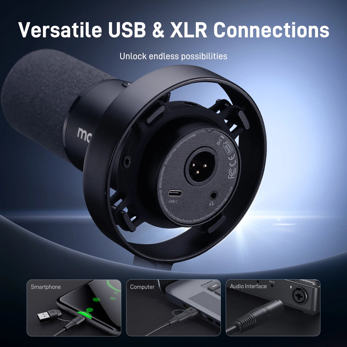 MAONO PD300X Dynamic Microphone XLR USB Podcast Microphone 192kHz/24bit Mic for Content Creation Home Audio Studio Recording