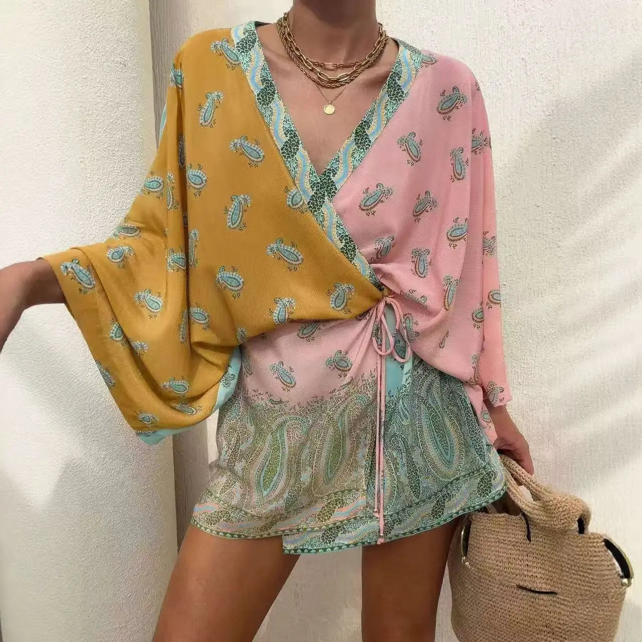 Women's Boho Paisley Color Block Romper Long Sleeve V Neck Tie Waist Beach Vacation Playsuit Shorts