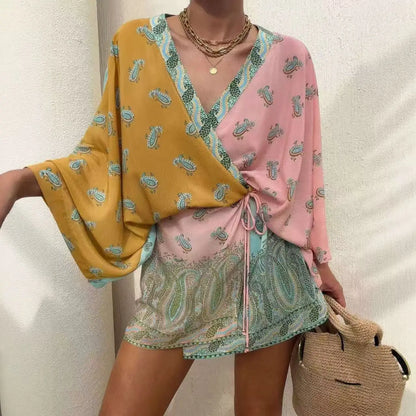 Women's Boho Paisley Color Block Romper Long Sleeve V Neck Tie Waist Beach Vacation Playsuit Shorts