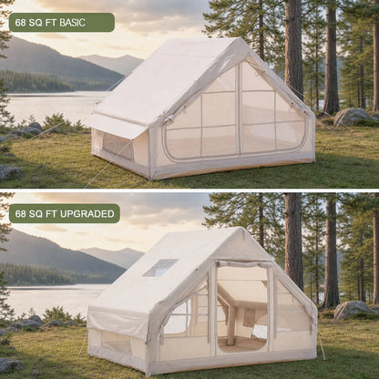 Large Luxury Inflatable Glamping Tent with Manual Hand Pump and Storage Bag, Easy Setup 4-Season Weatherproof Anti-Snow Family Air Tent for Outdoor Camping, Hiking, Backyard Parties and Wilderness Adventures