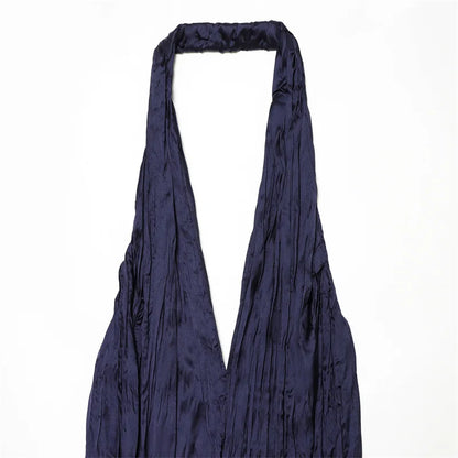 Women Deep V Halter Jumpsuits Summer Pleated Loose Backless Long Pants Rompers Casual Beach Party Sleeveless Overalls Vestidos