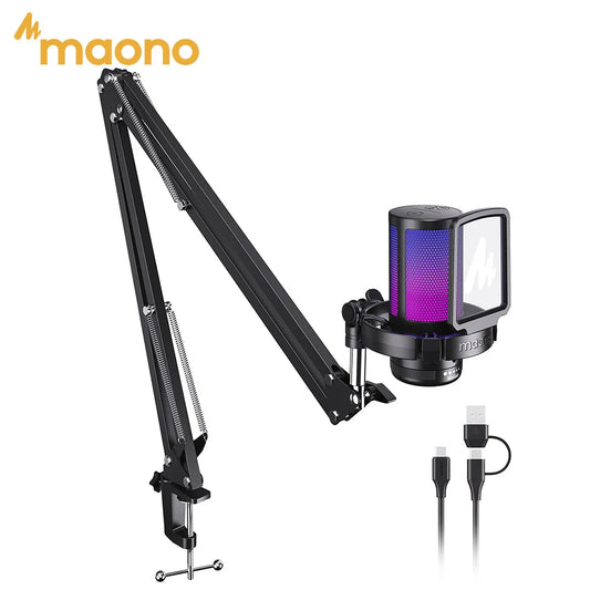 MAONO DGM20S Gaming USB Microphone Condenser Mic with RGB Light Noise Cancellation Boom Arm for Streaming Podcast YouTube Tiktok