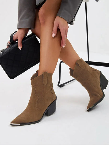 GMQM 2025 Women's Comfort Ankle Booties Brown Cowboy Western Boots Metal Heels Block Wide Calf Pointed Toe Slip On Casual Shoes