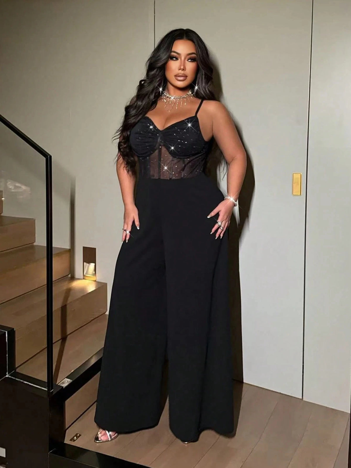 Plus-size women's sexy wide-leg jumpsuit, a stylish backless jumpsuit with shimmering stretch mesh, suitable for dates, parties