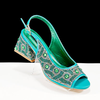 Queena Yan Square Heel Shoes! Hand-held Three-Dimensional Bag and Shoes Set From the Same Series/Open Toe Shoes and Evening Bag