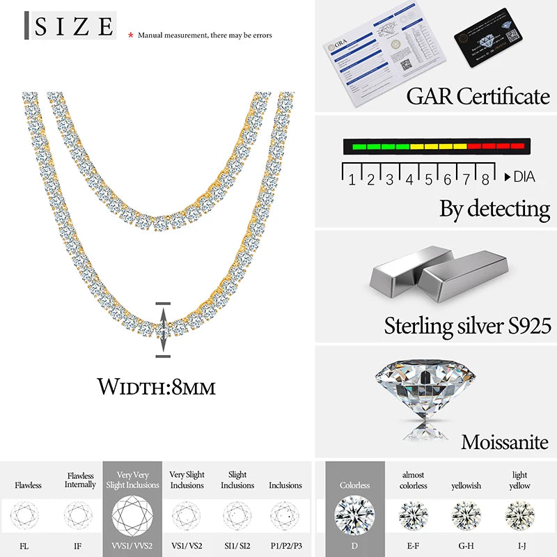 8mm-10mm High-Quality VVS1 Moissanite Tennis Necklace S925 Sterling Silver Necklaces For Men Women Pass Diamonds Test Iced Out