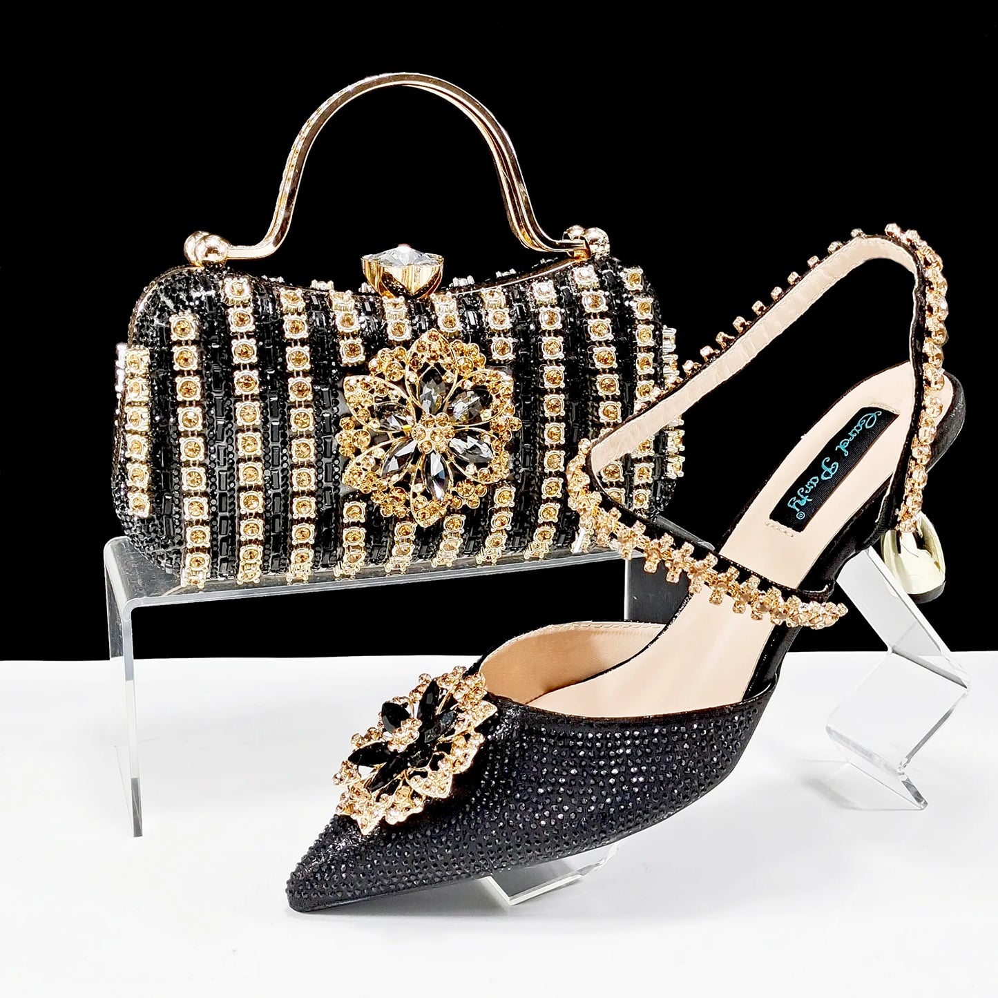 Elegant Rhinestone-Embellished Heels And Gold Mini Bag Set for Night Outfits Women's Fashion Accessory Combo