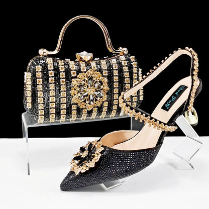 Elegant Rhinestone-Embellished Heels And Gold Mini Bag Set for Night Outfits Women's Fashion Accessory Combo