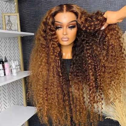 30 Inch 300 Density Highlight Honey Brown Curly Lace Front Human Hair Wigs 13x4 Ombre Colored Deep Wave Lace Frontal Wig