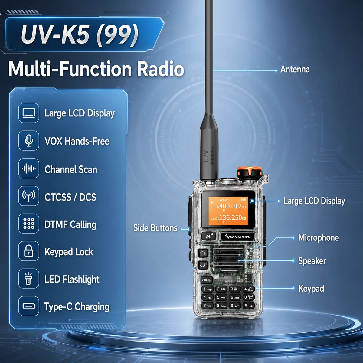 Quansheng UV-K5(99) 5W Air Band Walkie Talkie Type-C Rechargeable UHF VHF DTMF FM Scrambler NOAA Two Way CB Radio