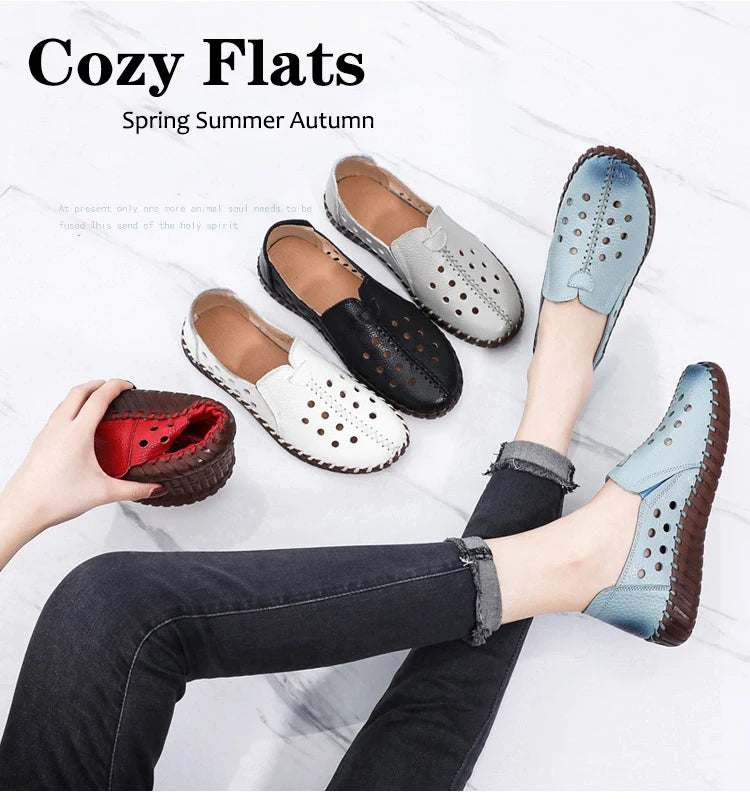 Genuine Leather Ballet Flats Shoes Women Vintage Luxury High Quality Loafers Women's Moccasins Casual Elegant Ladies Wide Shoes