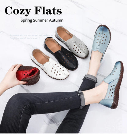 Genuine Leather Ballet Flats Shoes Women Vintage Luxury High Quality Loafers Women's Moccasins Casual Elegant Ladies Wide Shoes