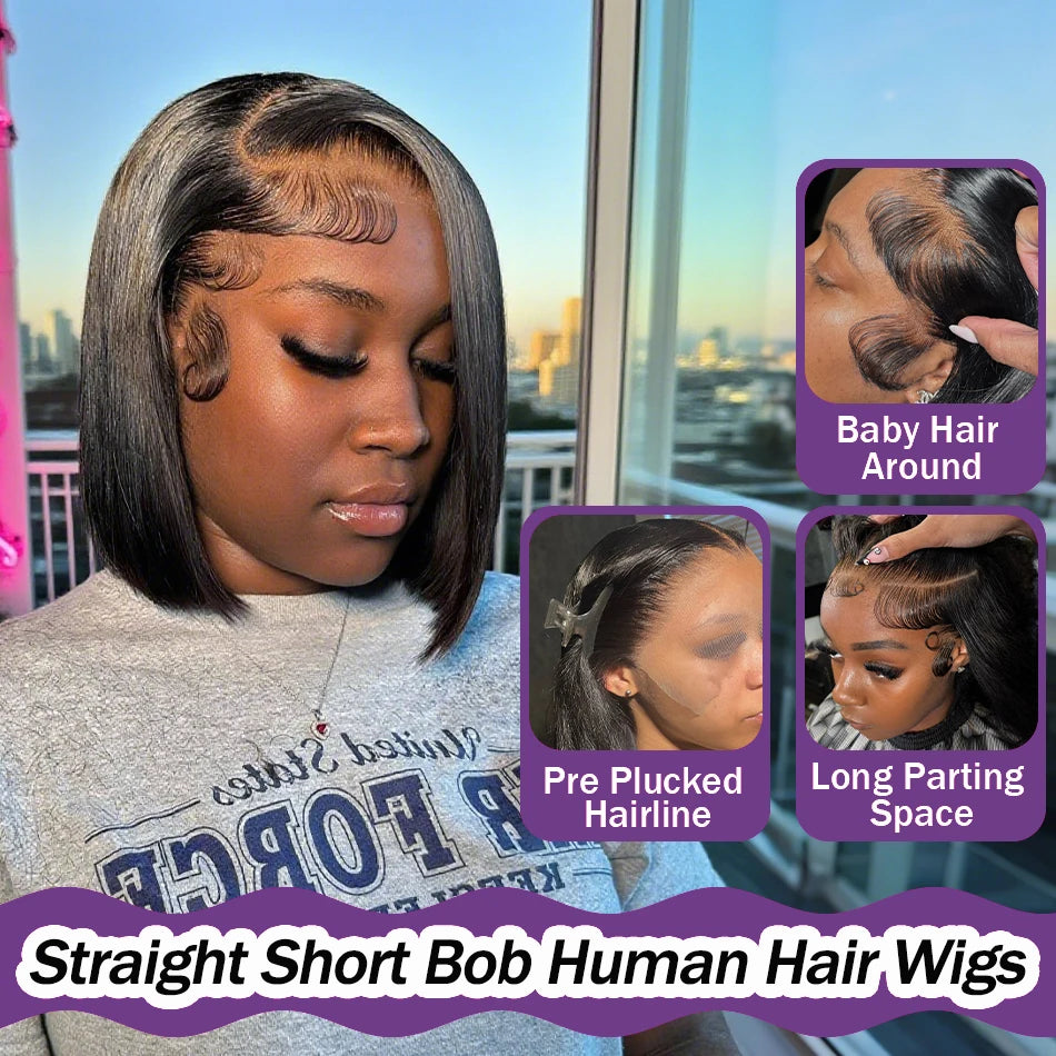 Bob Wig Human Hair 200% Density 13x4 HD Lace Frontal Short Straight Lace Front Bob Wigs For Black Women Human Hair Pre Plucked