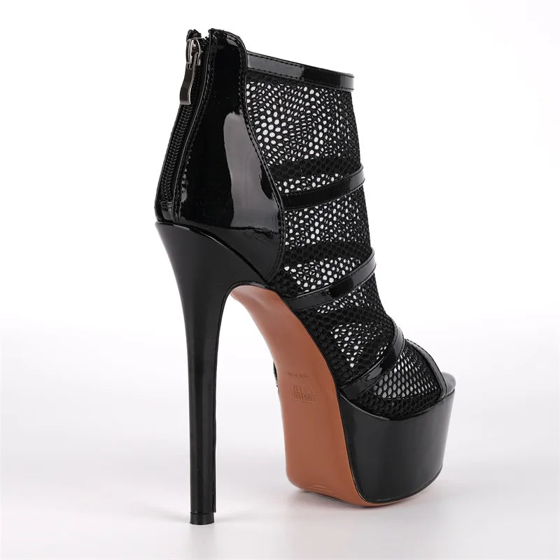 Onlymaker Women Peep  Toe Platform Mesh Stiletto Booties Sandals Back Zipper Thin Heel  Ankle Boots