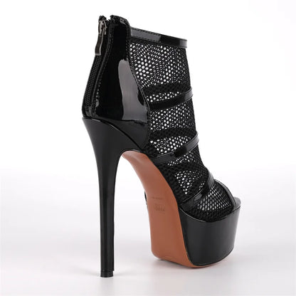 Onlymaker Women Peep  Toe Platform Mesh Stiletto Booties Sandals Back Zipper Thin Heel  Ankle Boots