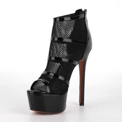 Onlymaker Women Peep  Toe Platform Mesh Stiletto Booties Sandals Back Zipper Thin Heel  Ankle Boots