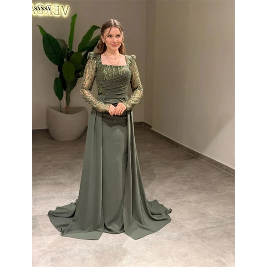 Sansa Customized Pleats Sequins Detachable Train Prom Dresses Mermaid Long Sleeve Vestidos De Noche Floor-Length Formal Evening