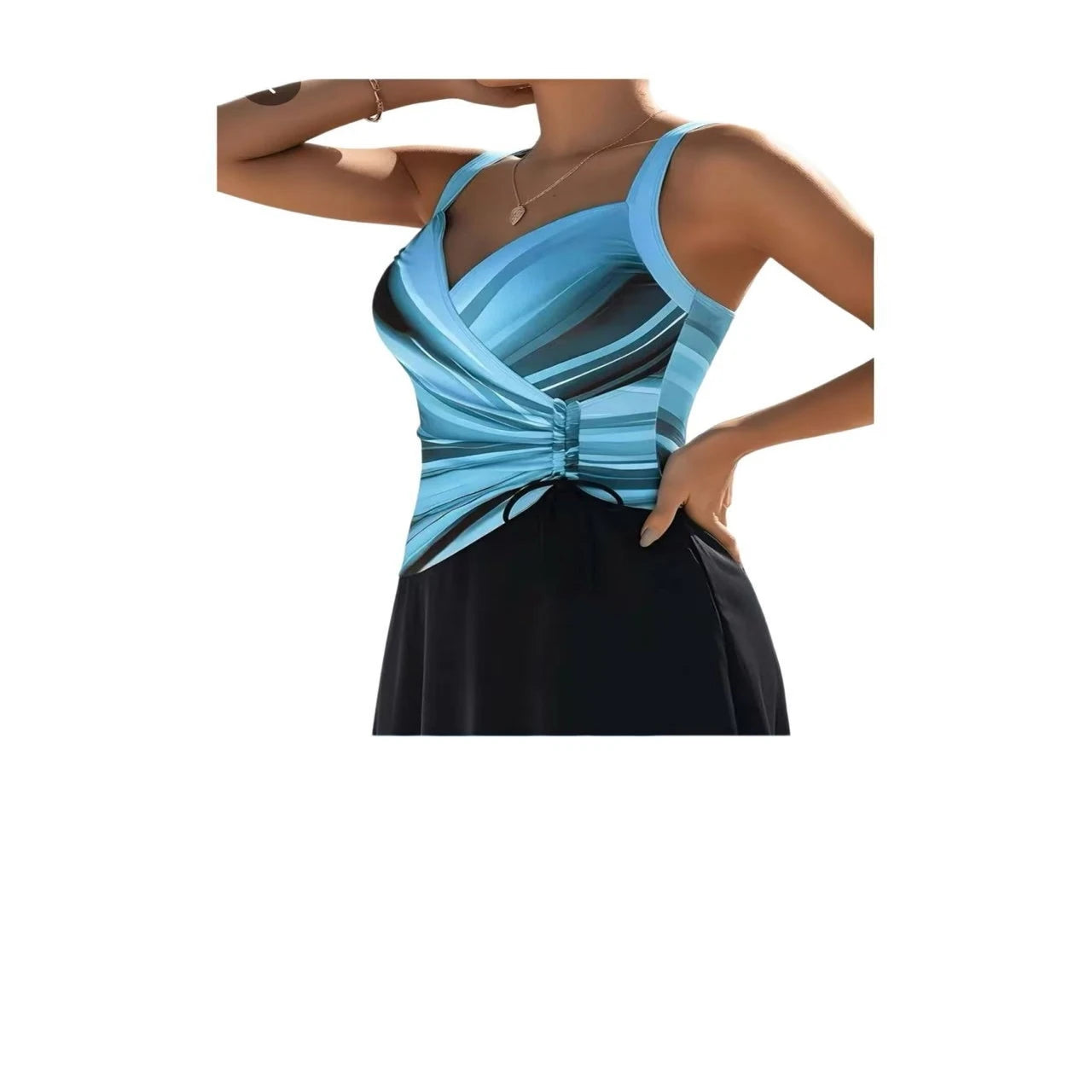 Women Swimdress One Piece Swimsuit 2026 New Blue Gradient Print V Neck Drawstring Ruched Tummy Control Skirted Bathing Suit Plus Size Modest Beach Swimwear