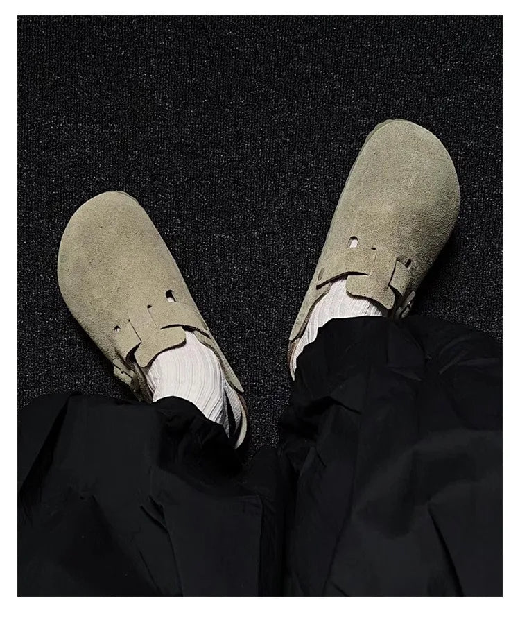 Women Men Suede Leather Clogs Adjustable Buckle Cork Footbed Non-slip Casual Mules Slippers