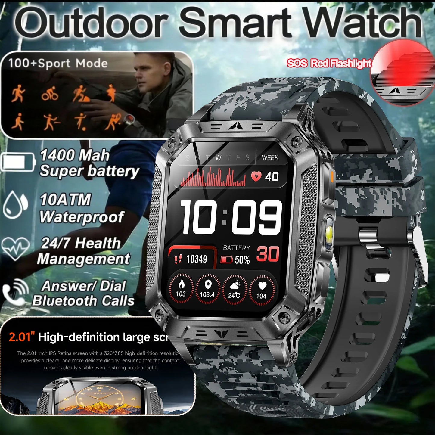 2026 New Military Grade 1400mAh Sports Smart Watch 10ATM Waterproof Flashlight Heart Rate Bluetooth Call Outdoor Smartwatch Men