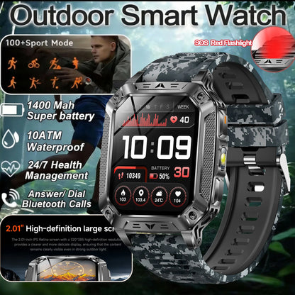2026 New Military Grade 1400mAh Sports Smart Watch 10ATM Waterproof Flashlight Heart Rate Bluetooth Call Outdoor Smartwatch Men
