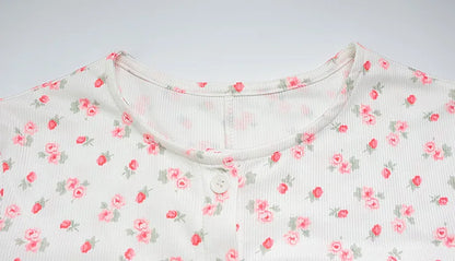 Ahagaga Casual Women Playsuits O-Neck Regular Long Sleeves Print Single Breasted Skinny Homewear Floral Sweet Femlae Rompers