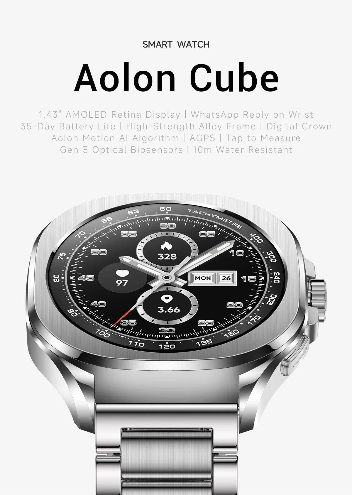 Aolon Cube Smart Watch 1.43" AMOLED Screen Bluetooth WhatsApp Call AGPS 1ATM  Heart Rate Monitor Outdoor Sport Fitness Tracker