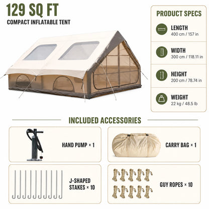 Large Luxury Inflatable Glamping Tent with Manual Hand Pump and Storage Bag, Easy Setup 4-Season Weatherproof Anti-Snow Family Air Tent for Outdoor Camping, Hiking, Backyard Parties and Wilderness Adventures