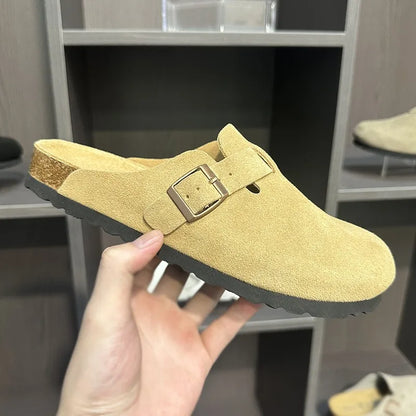Women Men Suede Leather Clogs Adjustable Buckle Cork Footbed Non-slip Casual Mules Slippers