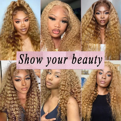 #27 Honey Blonde Curly Human Hair Wig 13X6 Deep Wave Frontal Wig 30 36 Inch 13X4 Hd Transparent Lace Front Colored Wigs