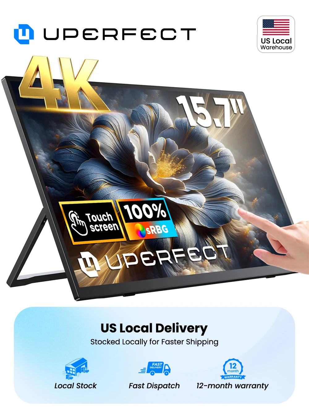 UPERFECT 4K Portable Monitor Touchscreen 15.6 Inch USB-C HDR Second Screen for Laptop PS5 Switch Plug & Play External Display