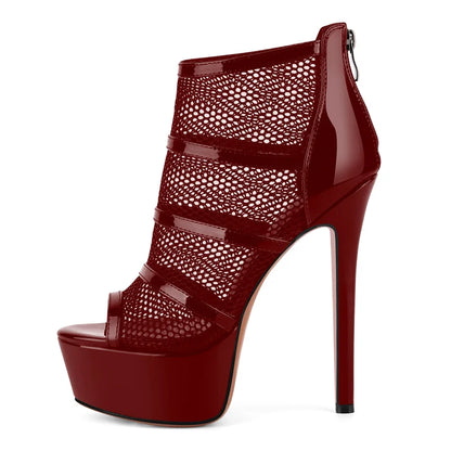 Onlymaker Women Peep  Toe Platform Mesh Stiletto Booties Sandals Back Zipper Thin Heel  Ankle Boots