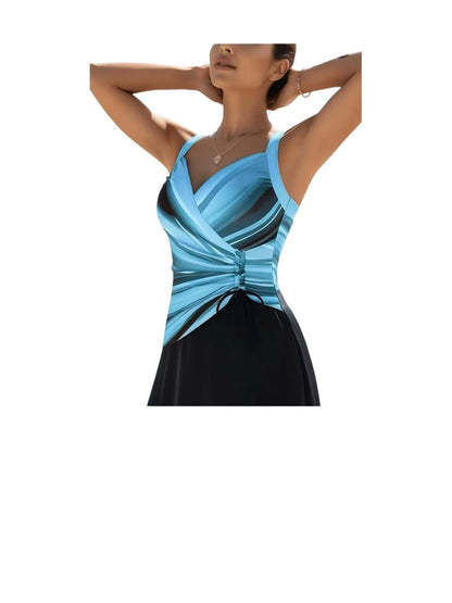 Women Swimdress One Piece Swimsuit 2026 New Blue Gradient Print V Neck Drawstring Ruched Tummy Control Skirted Bathing Suit Plus Size Modest Beach Swimwear
