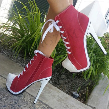 LAIGZEM Canvas Botines Mujer Women Platform Booties High Heel Side Zip Short Ankle Boots Shoes Woman Ladies Large Size 34 42 452