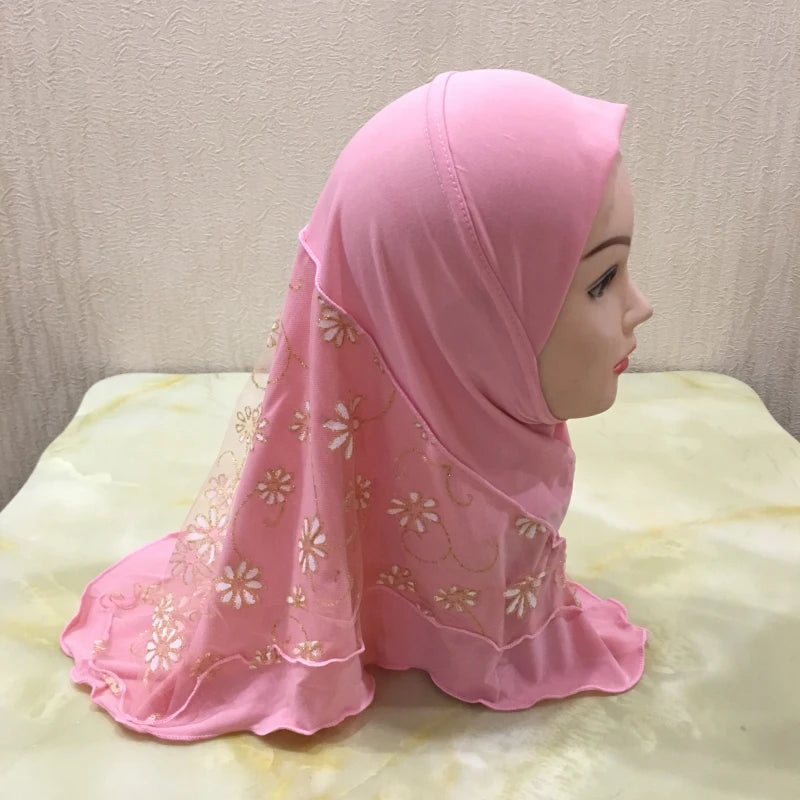 H043 beautiful small girl hijab with flower net cute hijab hats women's caps can fit 2-6 years old girls muslim baby headscarf