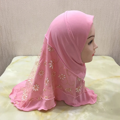 H043 beautiful small girl hijab with flower net cute hijab hats women's caps can fit 2-6 years old girls muslim baby headscarf