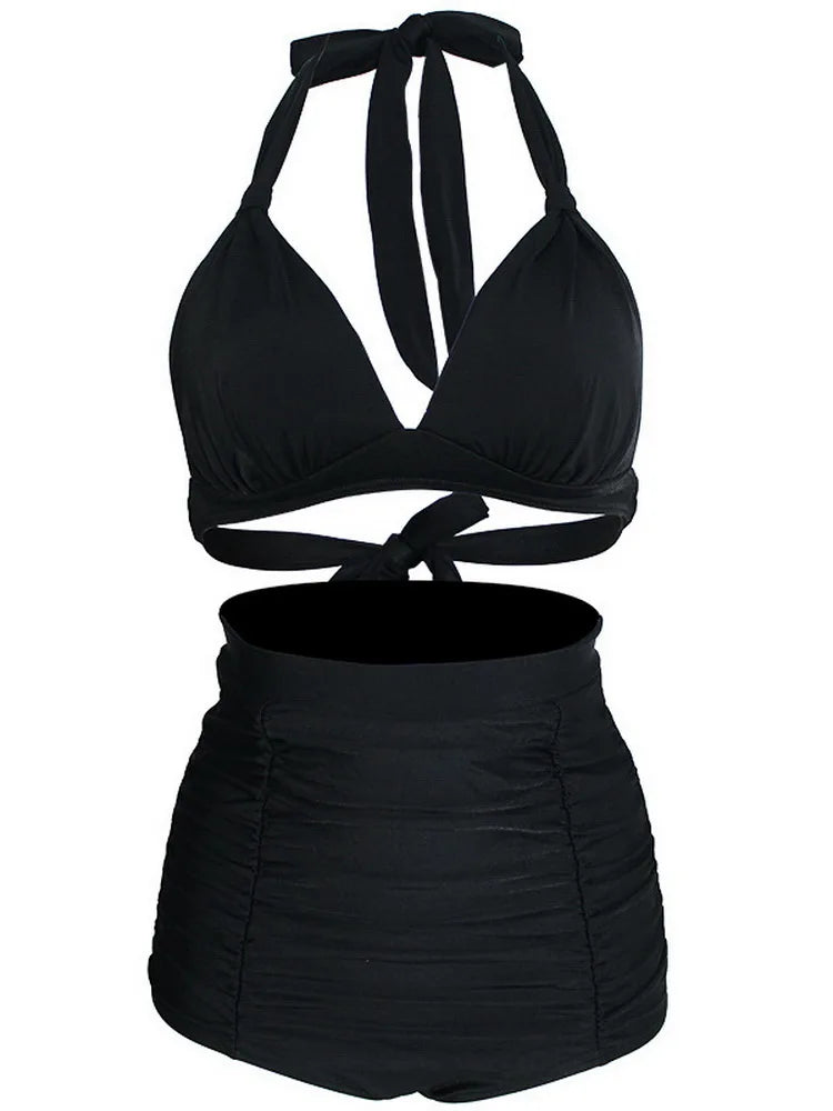 Pleated Bikini Red Top Navy Blue With White Dots Bottom Women Classic High Waist Halter Bikini Sets Plus Size Two-piece Swimwear