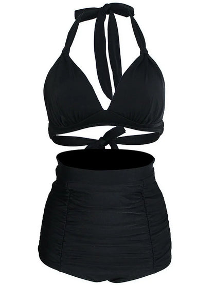 Pleated Bikini Red Top Navy Blue With White Dots Bottom Women Classic High Waist Halter Bikini Sets Plus Size Two-piece Swimwear