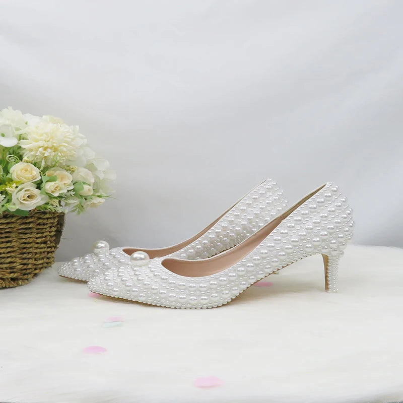 BaoYaFang White Beads Pearl Women Wedding Shoes Bride High Heels Shoes Ladies Super Big Size Party Dress Shoes Woman Pointed Toe