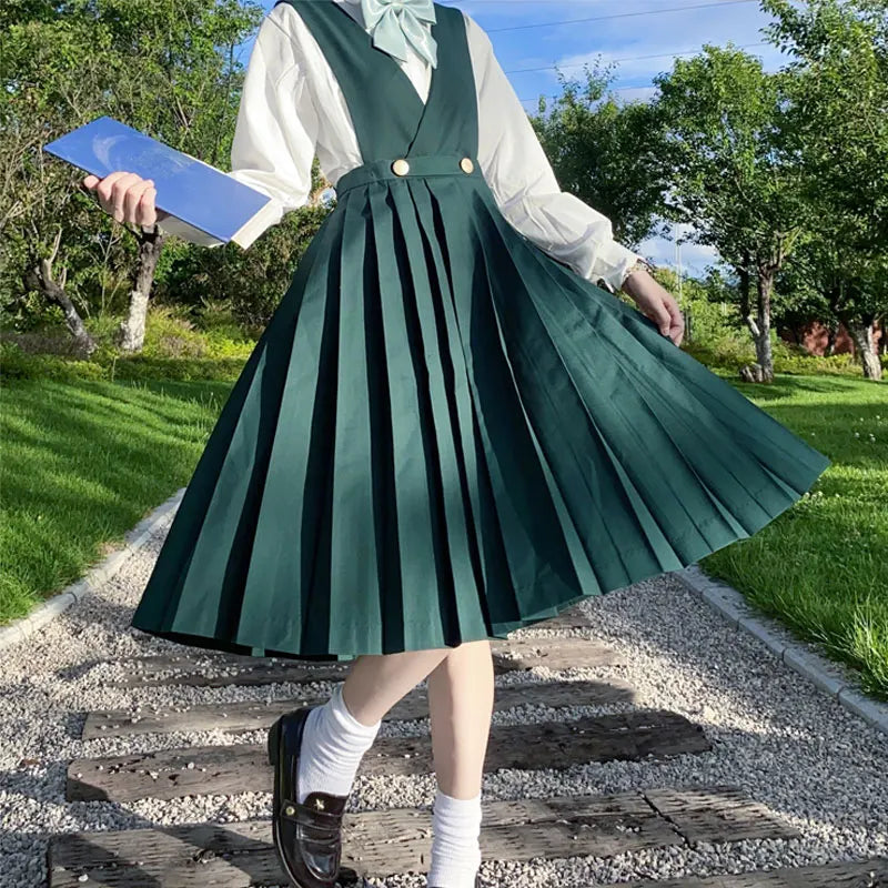 Japanese Korean Class High School Student Girl Long Pinafore Pleated Dress  JK Uniform Cosplay Seifuku Schoolgirl Sundress
