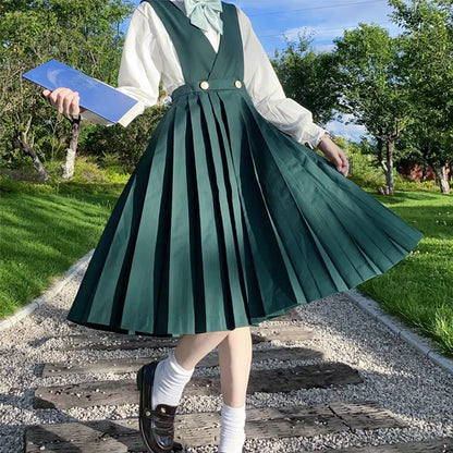 Japanese Korean Class High School Student Girl Long Pinafore Pleated Dress  JK Uniform Cosplay Seifuku Schoolgirl Sundress